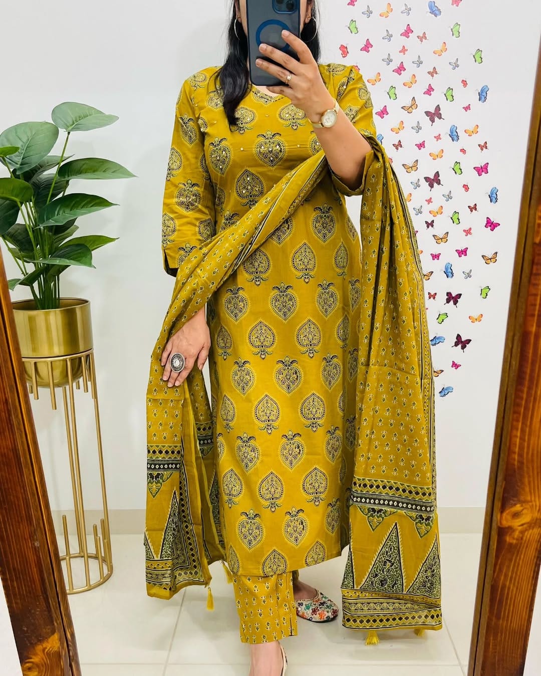 Mustard Yellow Printed Cotton  Straight Kurta Suit With Dupatta