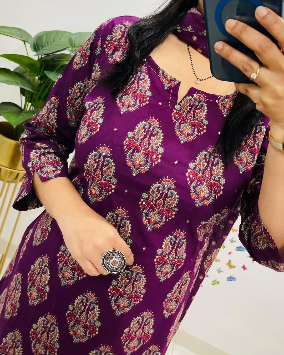 Purple Printed Cotton  Straight Kurta Suit With Dupatta