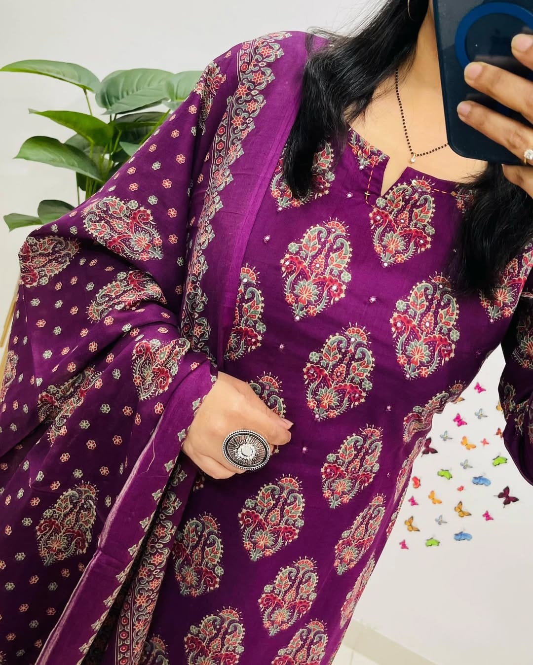 Purple Printed Cotton  Straight Kurta Suit With Dupatta