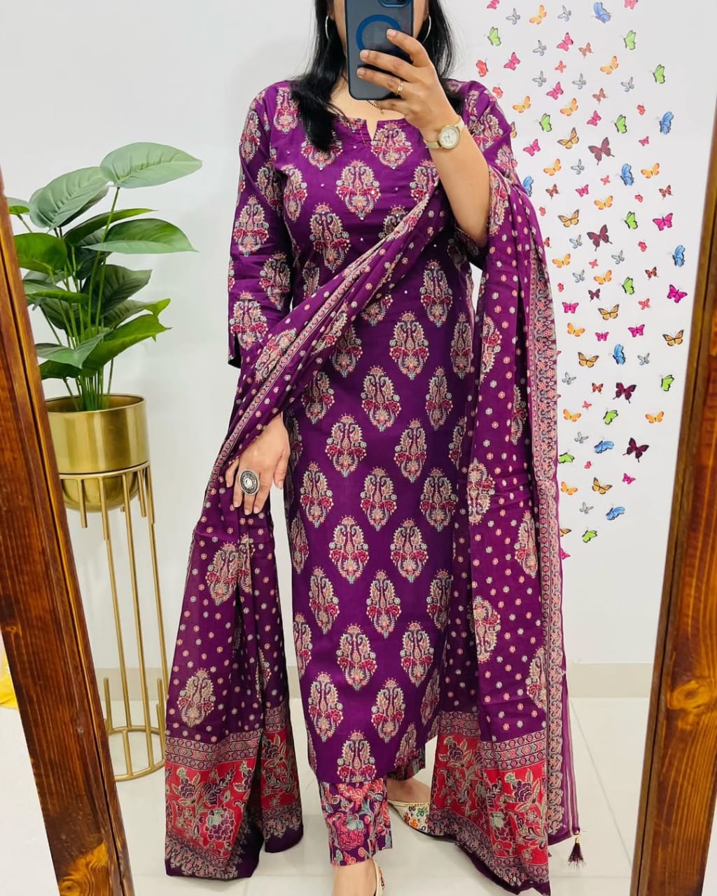 Purple Printed Cotton  Straight Kurta Suit With Dupatta