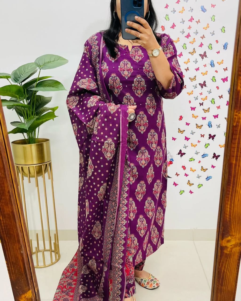 Purple Printed Cotton  Straight Kurta Suit With Dupatta