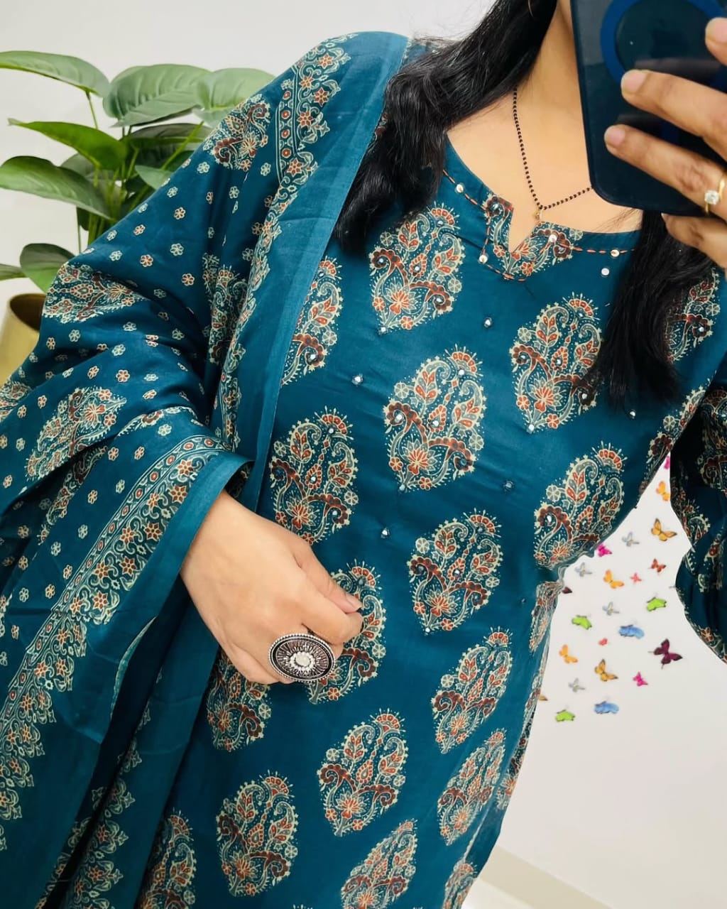Blue Printed Cotton Straight Kurta Suit With Dupatta