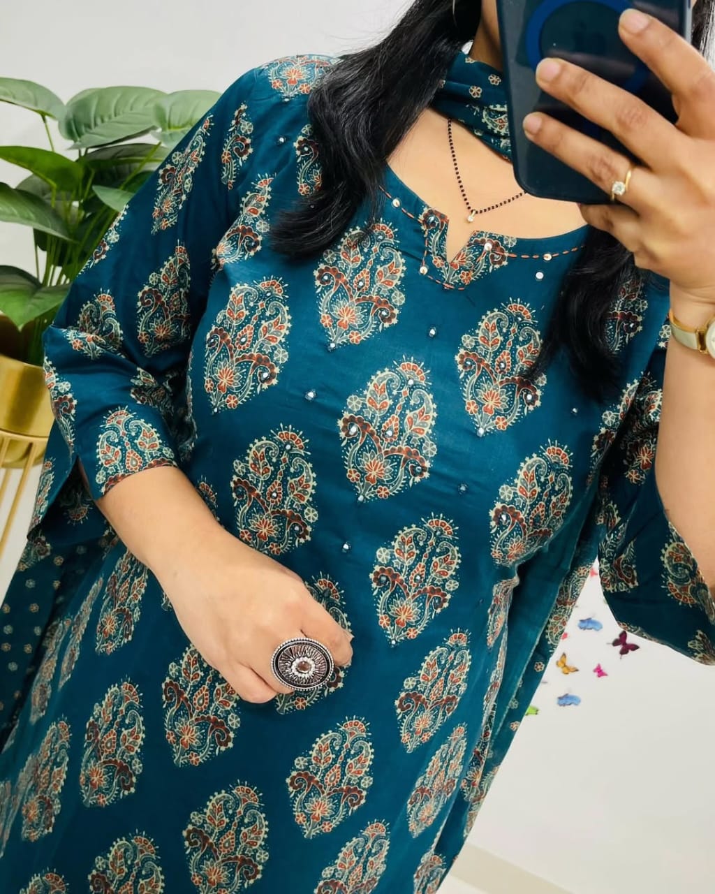 Blue Printed Cotton Straight Kurta Suit With Dupatta