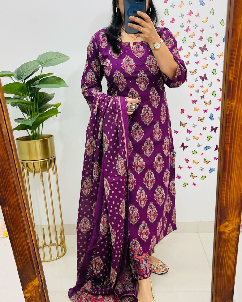 Purple Printed Cotton  Straight Kurta Suit With Dupatta
