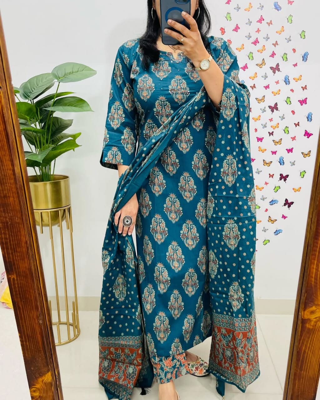 Blue Printed Cotton Straight Kurta Suit With Dupatta