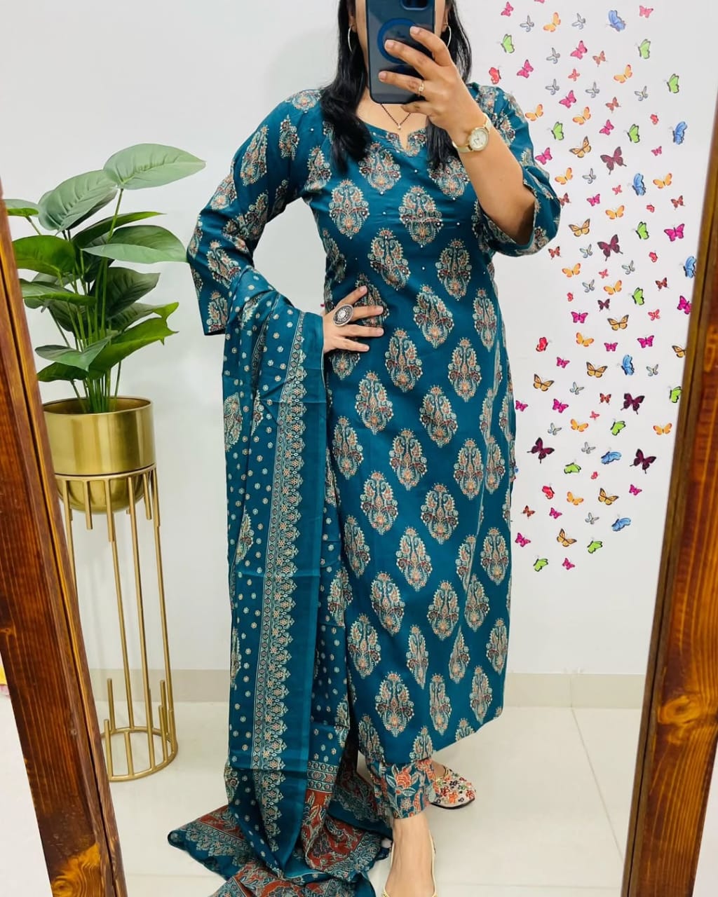 Blue Printed Cotton Straight Kurta Suit With Dupatta
