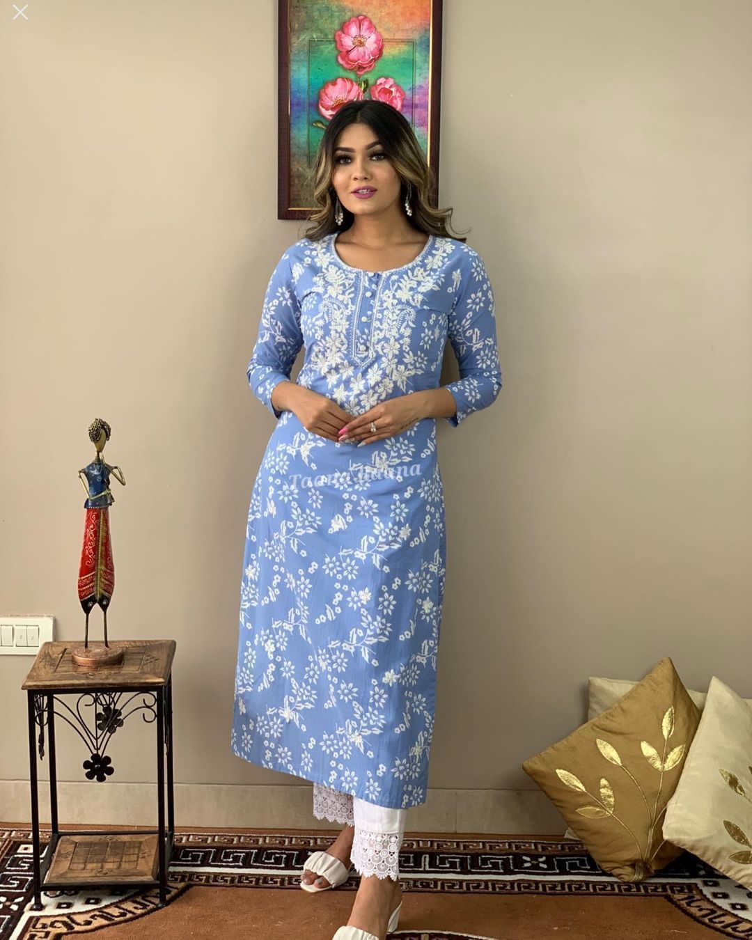 Chikankari Sky Blue Pure Cotton Kurta With Pant
