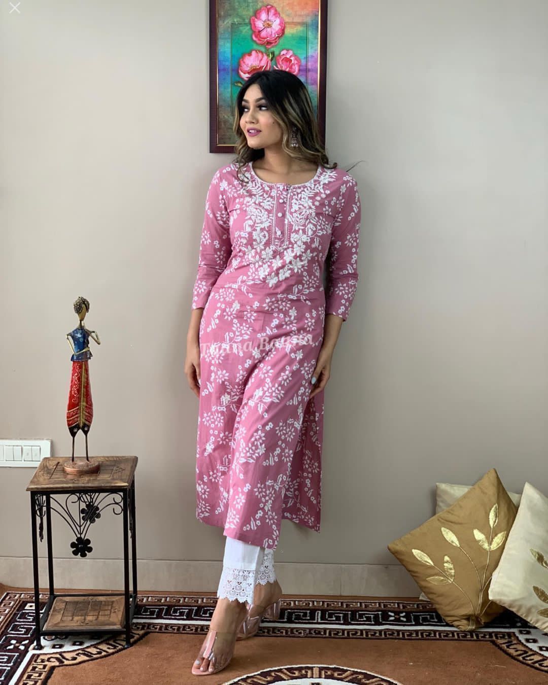 Chikankari Pink Pure Cotton Kurta With Pant
