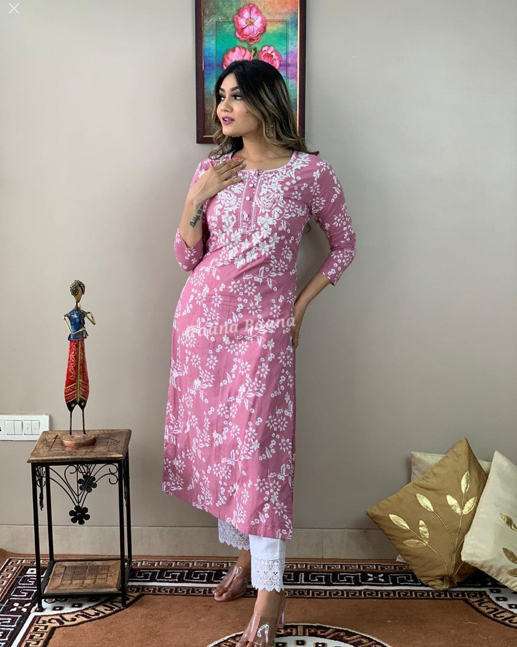 Chikankari Pink Pure Cotton Kurta With Pant