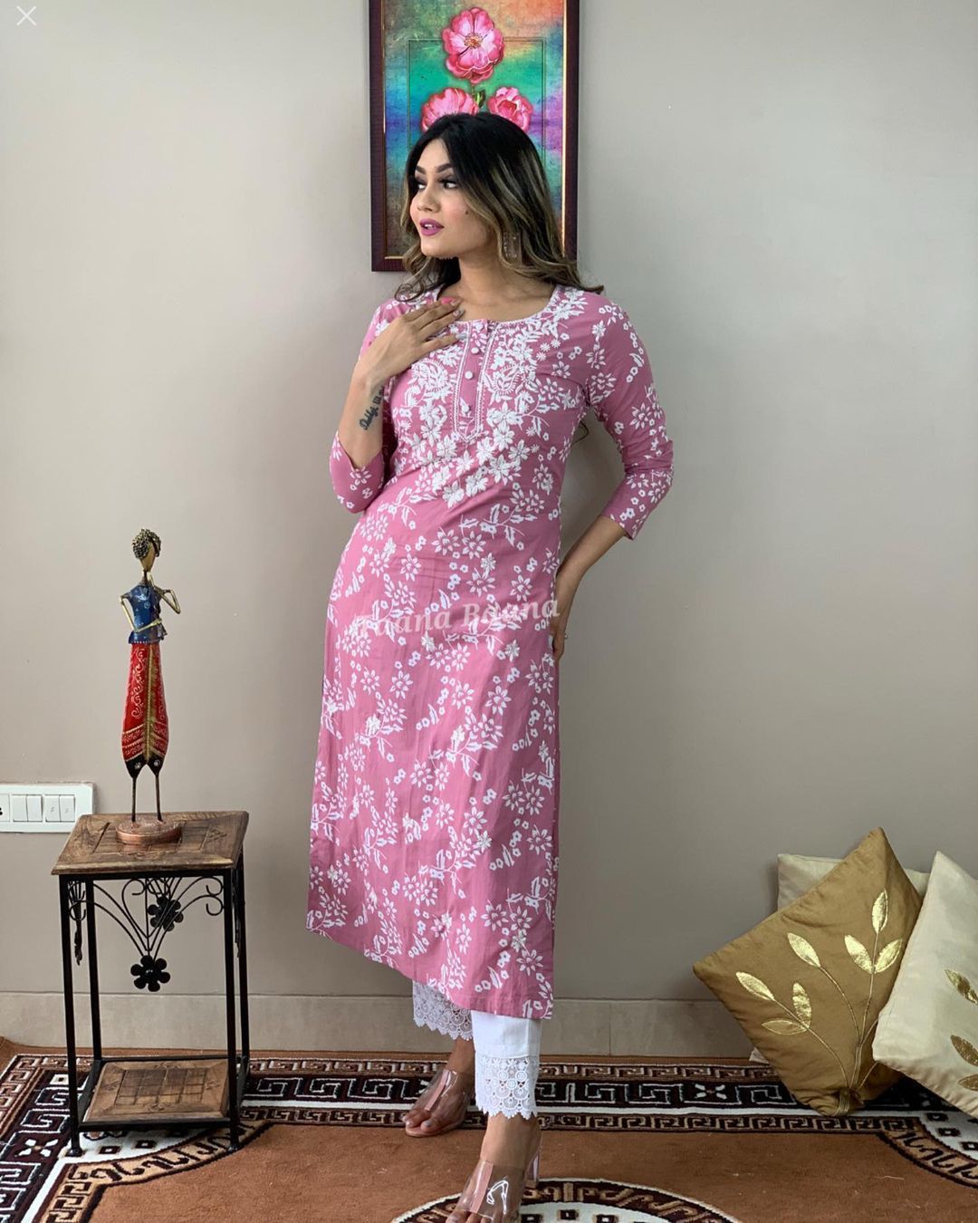Chikankari Pink Pure Cotton Kurta With Pant