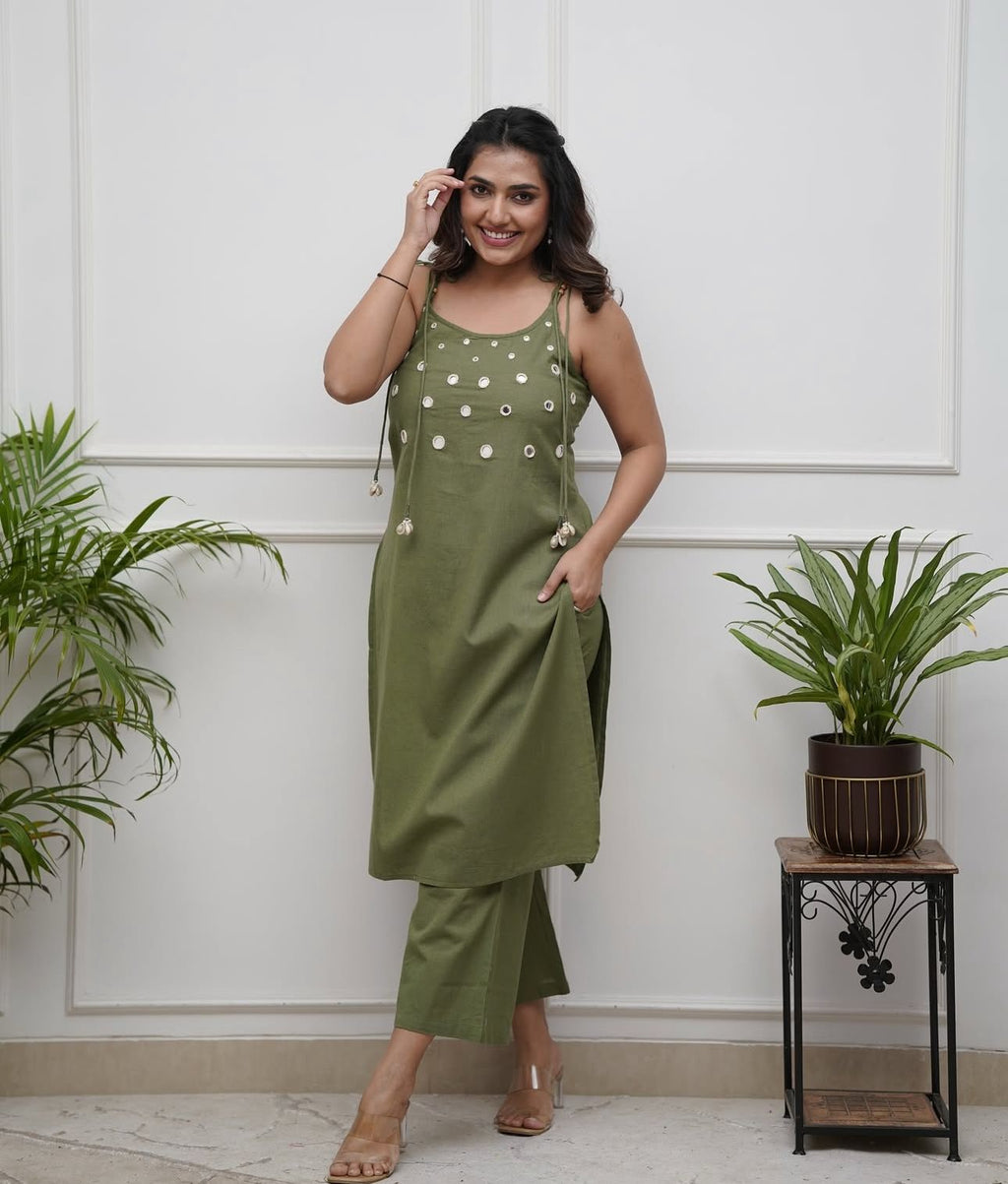 Green Cotton Kurta And Pant