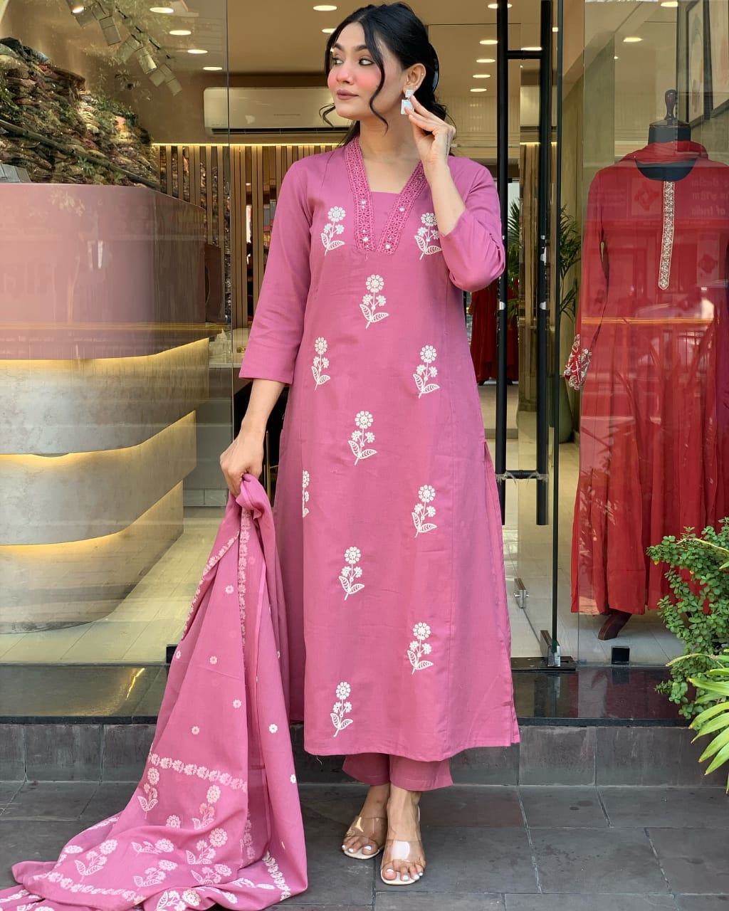 Pink Beautiful Pure Cotton Kurta Pant Suit With Dupatta
