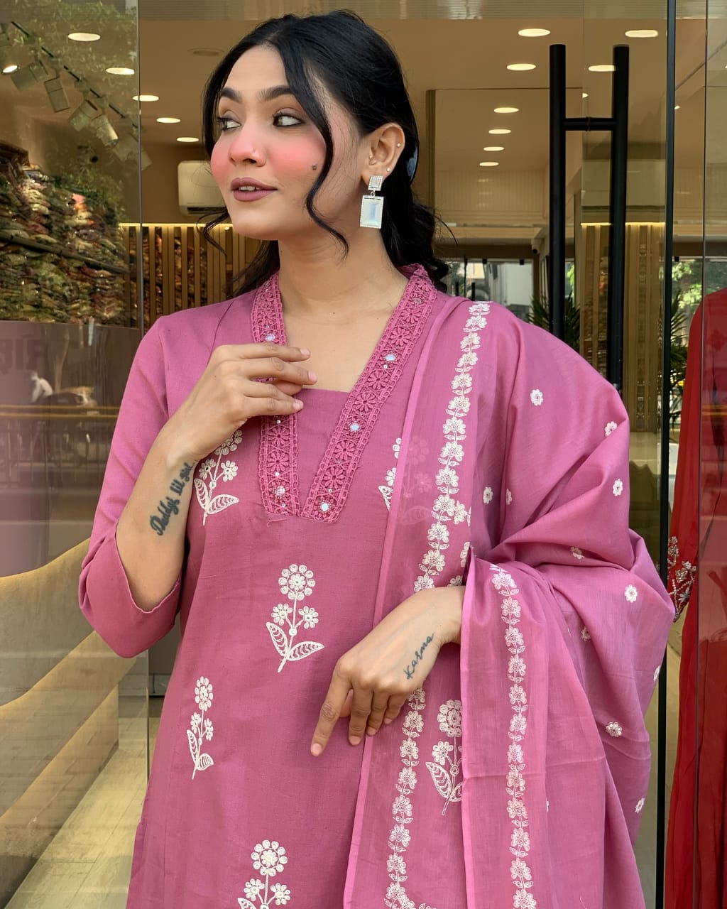 Pink Beautiful Pure Cotton Kurta Pant Suit With Dupatta