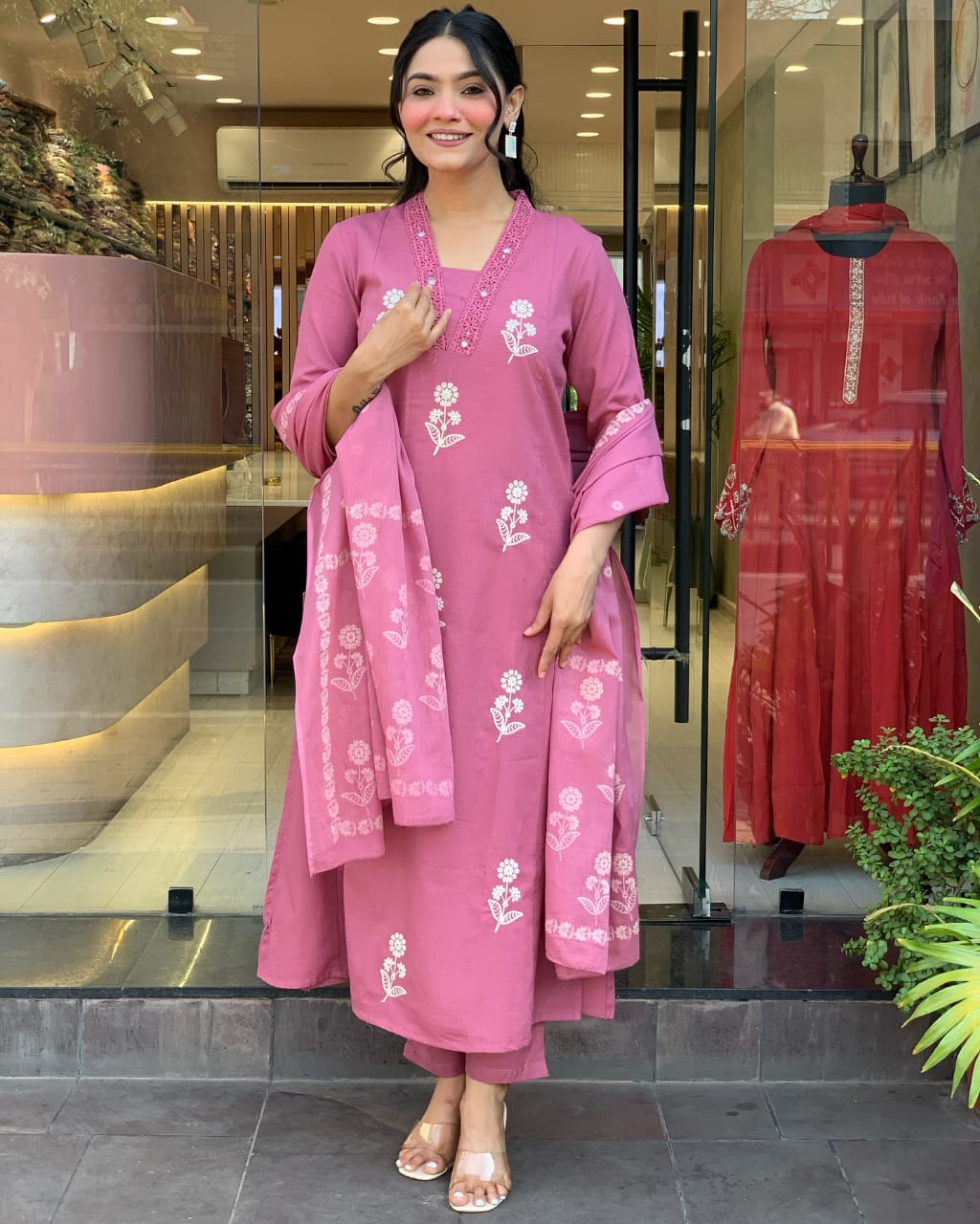 Pink Beautiful Pure Cotton Kurta Pant Suit With Dupatta