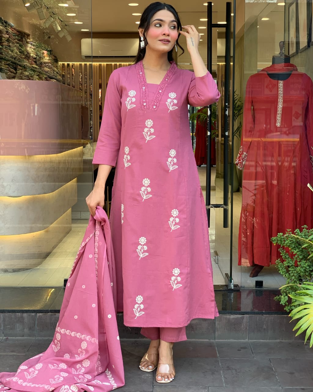 Pink Beautiful Pure Cotton Kurta Pant Suit With Dupatta