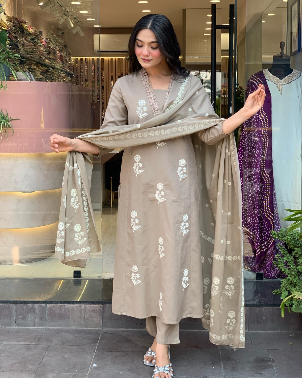 Grey Beautiful Pure Cotton Kurta Pant With Dupatta