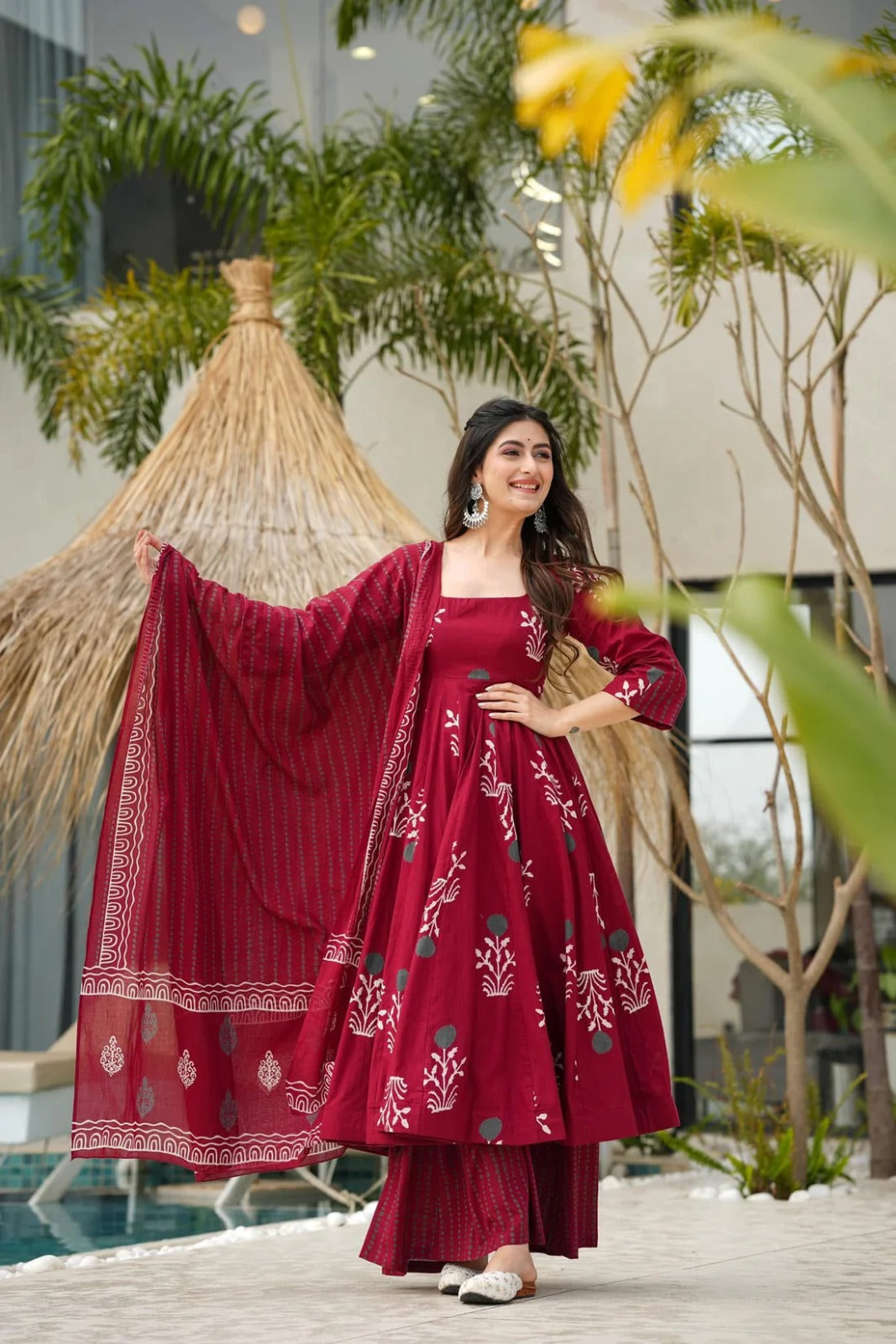 Red Cotton Anarkali Kurta And Palazoo With Dupatta