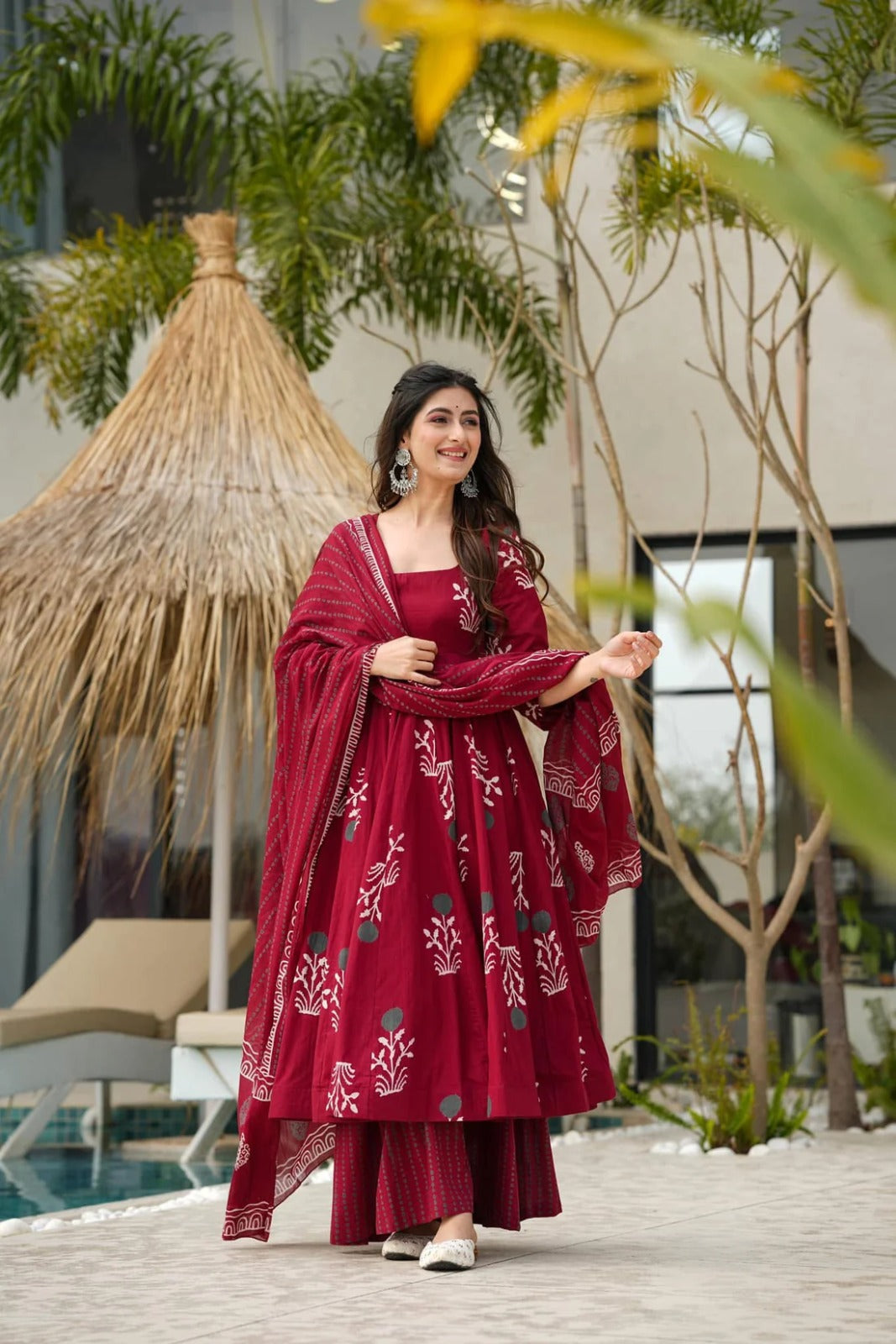 Red Cotton Anarkali Kurta And Palazoo With Dupatta