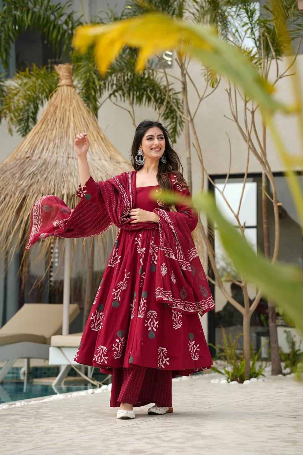 Red Cotton Anarkali Kurta And Palazoo With Dupatta