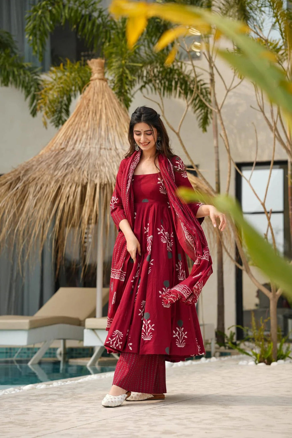 Red Cotton Anarkali Kurta And Palazoo With Dupatta
