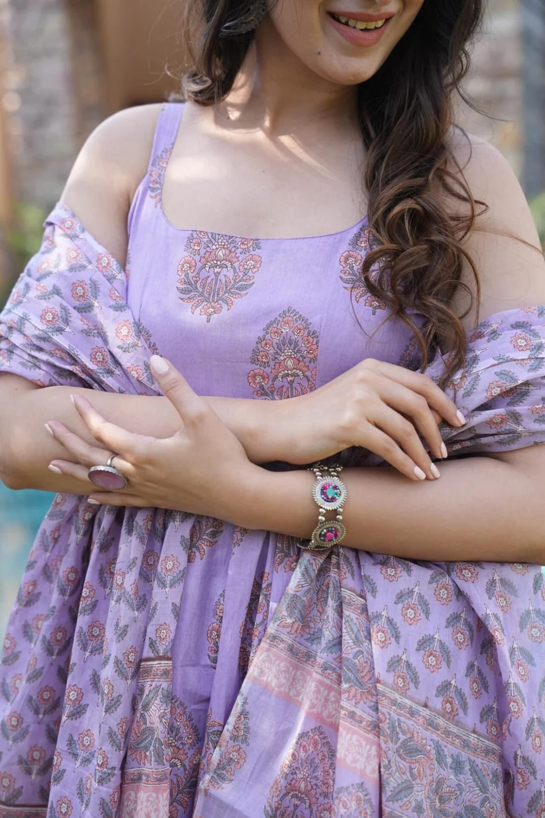 Beautiful Pure Cotton Purple Lavender Anarkali Kurta And Pant With Dupatta