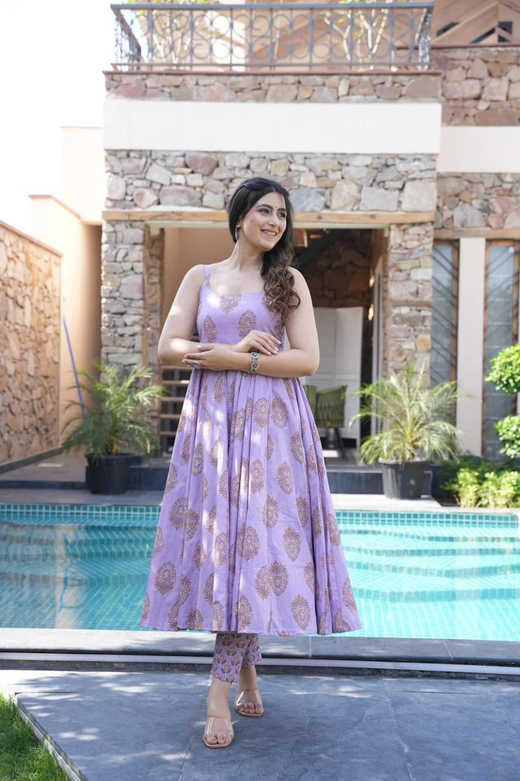 Beautiful Pure Cotton Purple Lavender Anarkali Kurta And Pant With Dupatta