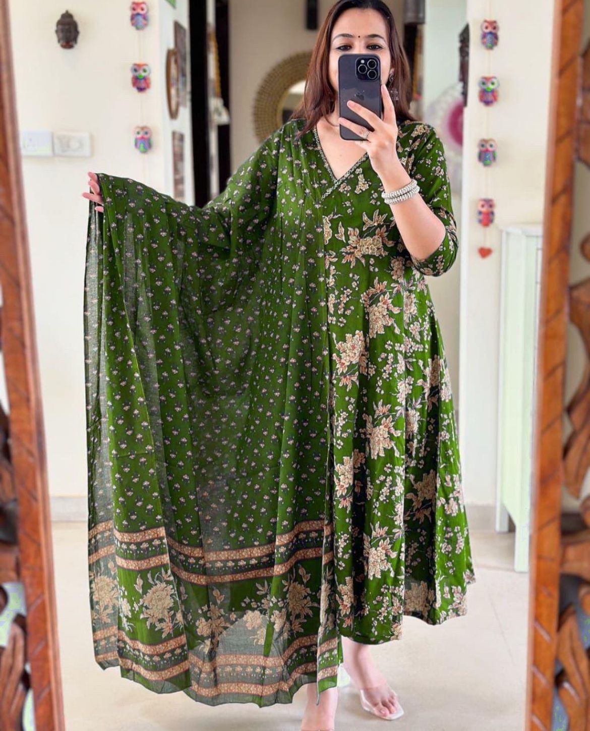Beautiful Green Pure Cotton Kurta And Pant With Dupatta