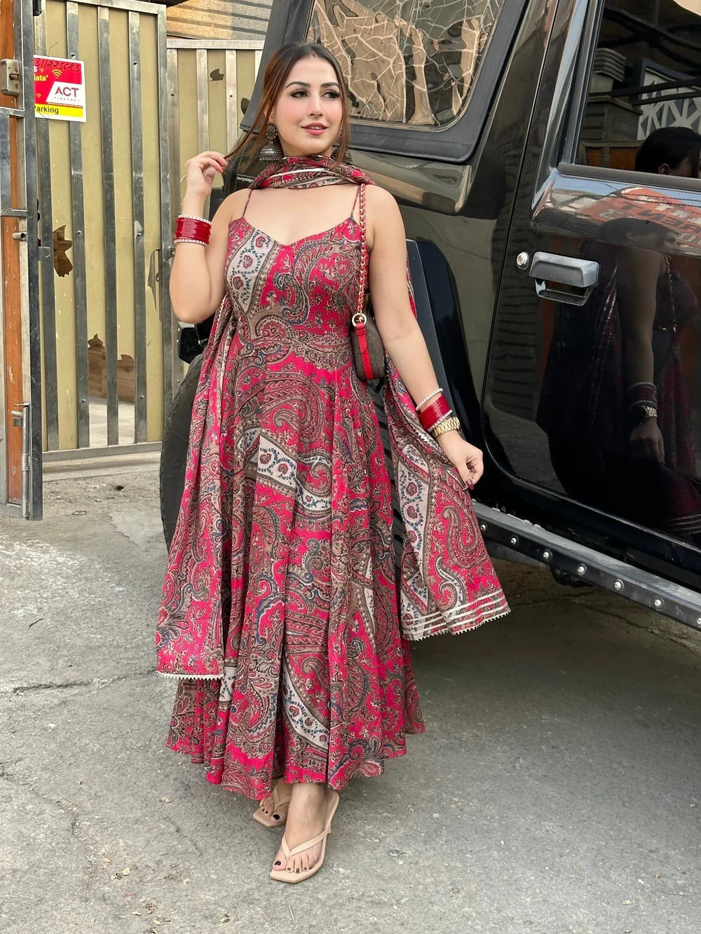 Beautiful Red Pure Cotton Anarkali Kurta With Dupatta