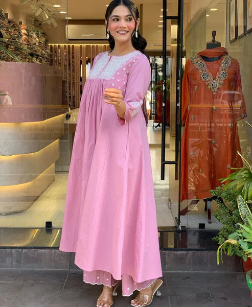 Beautiful Pink Pure Cotton Embroidery Kurta and Pant