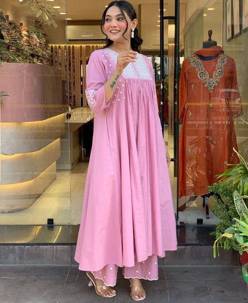 Beautiful Pink Pure Cotton Embroidery Kurta and Pant