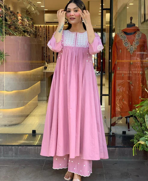 Beautiful Pink Pure Cotton Embroidery Kurta and Pant