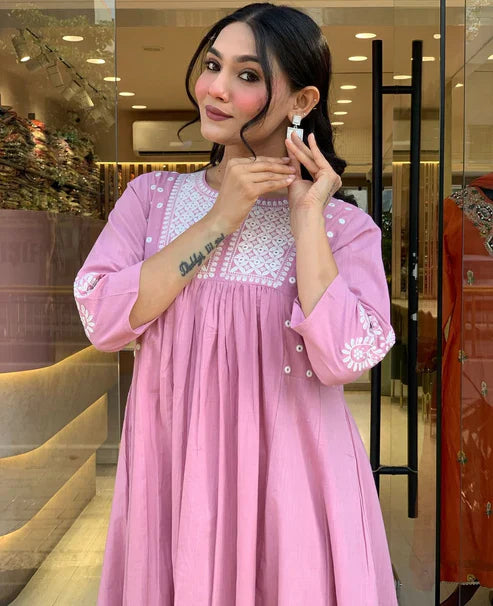 Beautiful Pink Pure Cotton Embroidery Kurta and Pant