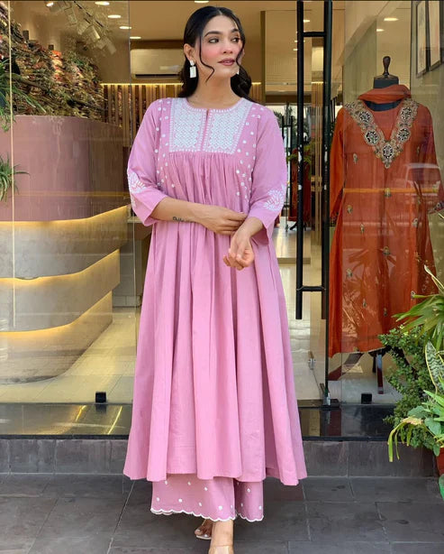 Beautiful Pink Pure Cotton Embroidery Kurta and Pant