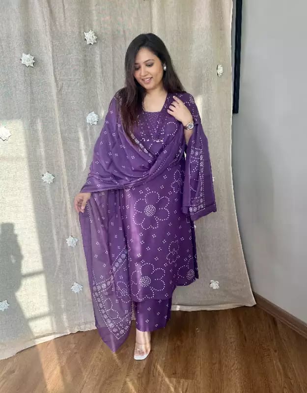 Purple Pure Cotton Kurta and Pant With Dupatta
