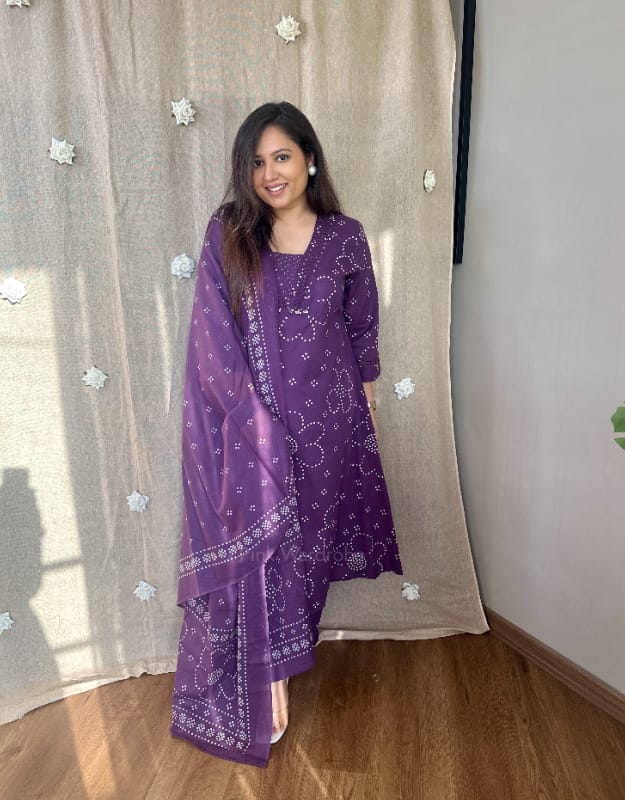Purple Pure Cotton Kurta and Pant With Dupatta