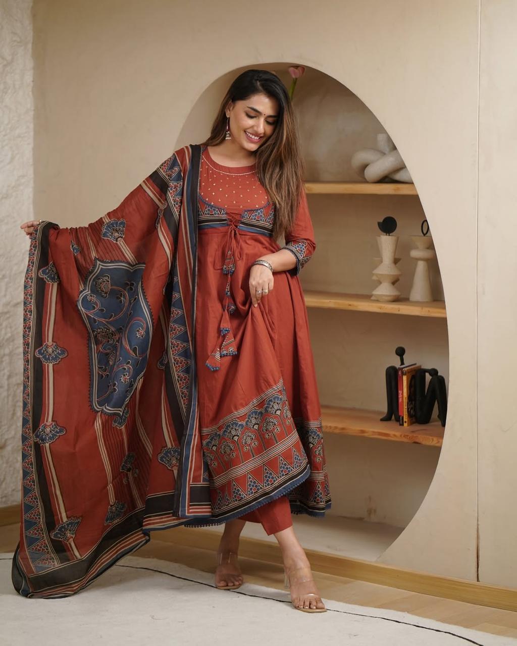 Beautiful Pure Cotton  Anarkali Kurta and Pant With Dupatta (Hand Work)