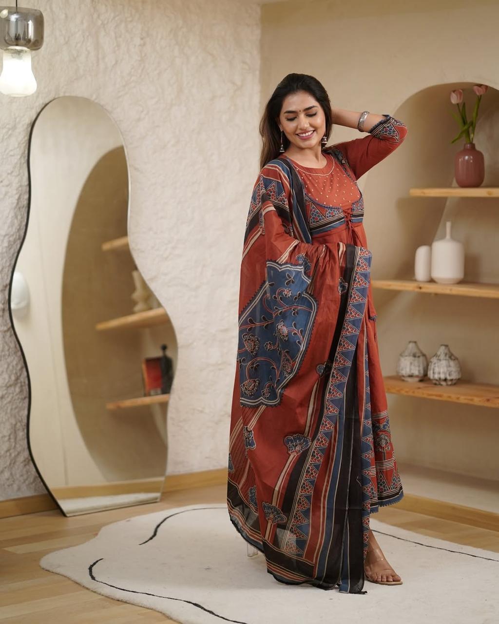 Beautiful Pure Cotton  Anarkali Kurta and Pant With Dupatta (Hand Work)