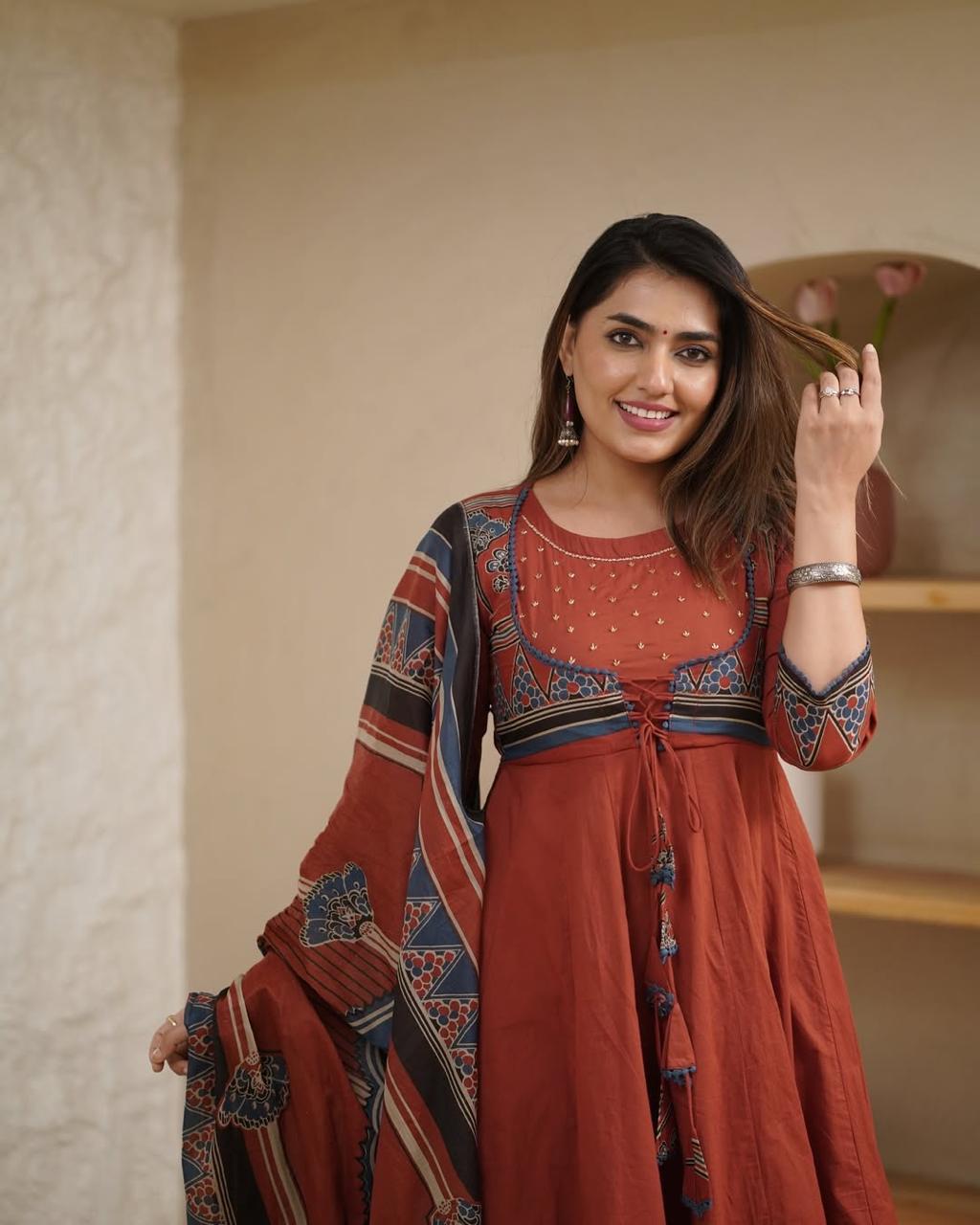 Beautiful Pure Cotton  Anarkali Kurta and Pant With Dupatta (Hand Work)