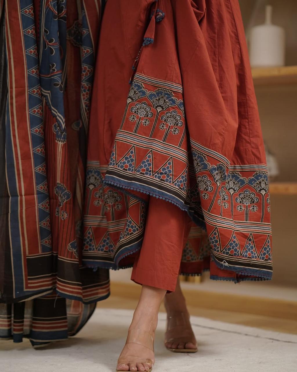 Beautiful Pure Cotton  Anarkali Kurta and Pant With Dupatta (Hand Work)