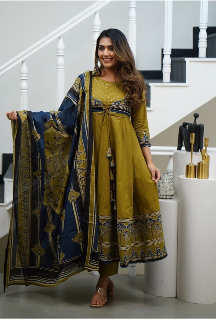 Beautiful Pure Cotton Green Anarkali Kurta and Pant With Dupatta (Hand Work)