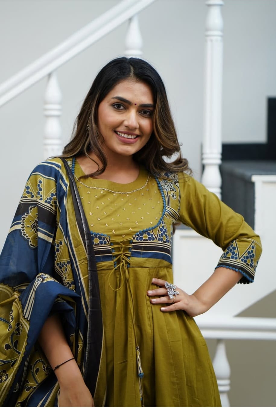 Beautiful Pure Cotton Green Anarkali Kurta and Pant With Dupatta (Hand Work)