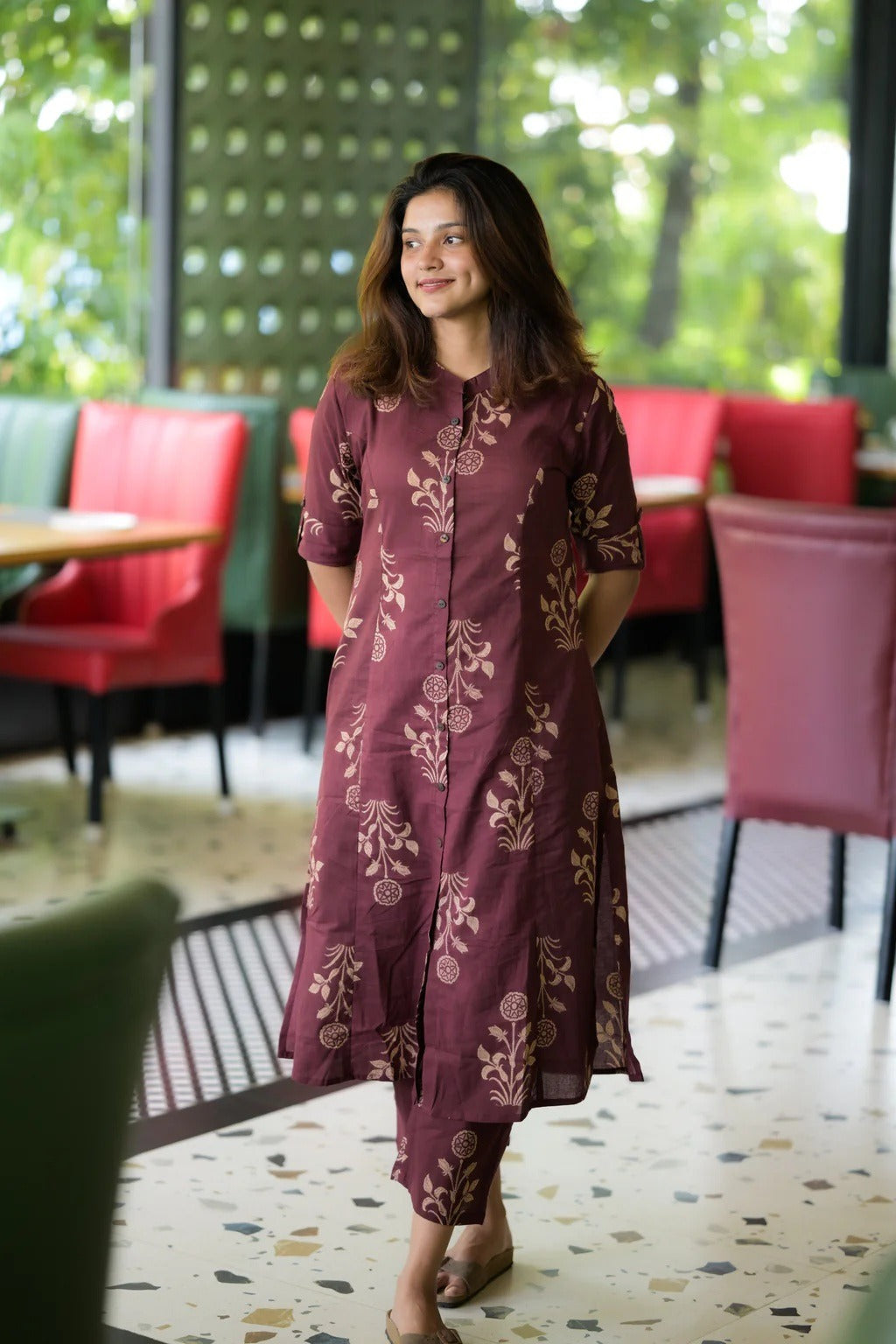 Burgundy Cotton Floral Kurta ant Set for Womens