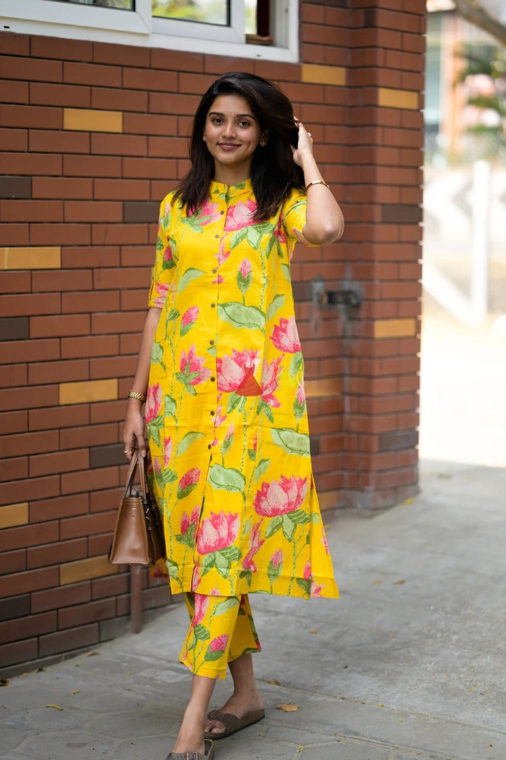Yellow Rayon Viscose Printed A-Line Kurta with Pant