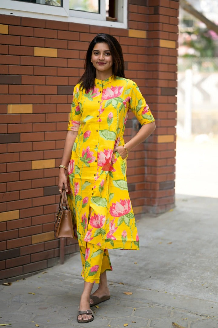 Yellow Rayon Viscose Printed A-Line Kurta with Pant
