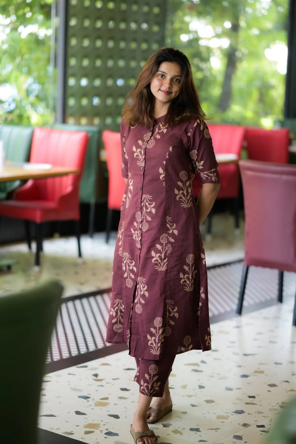 Burgundy Cotton Floral Kurta ant Set for Womens