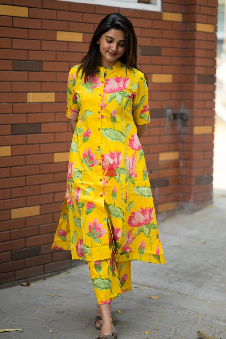 Yellow Rayon Viscose Printed A-Line Kurta with Pant