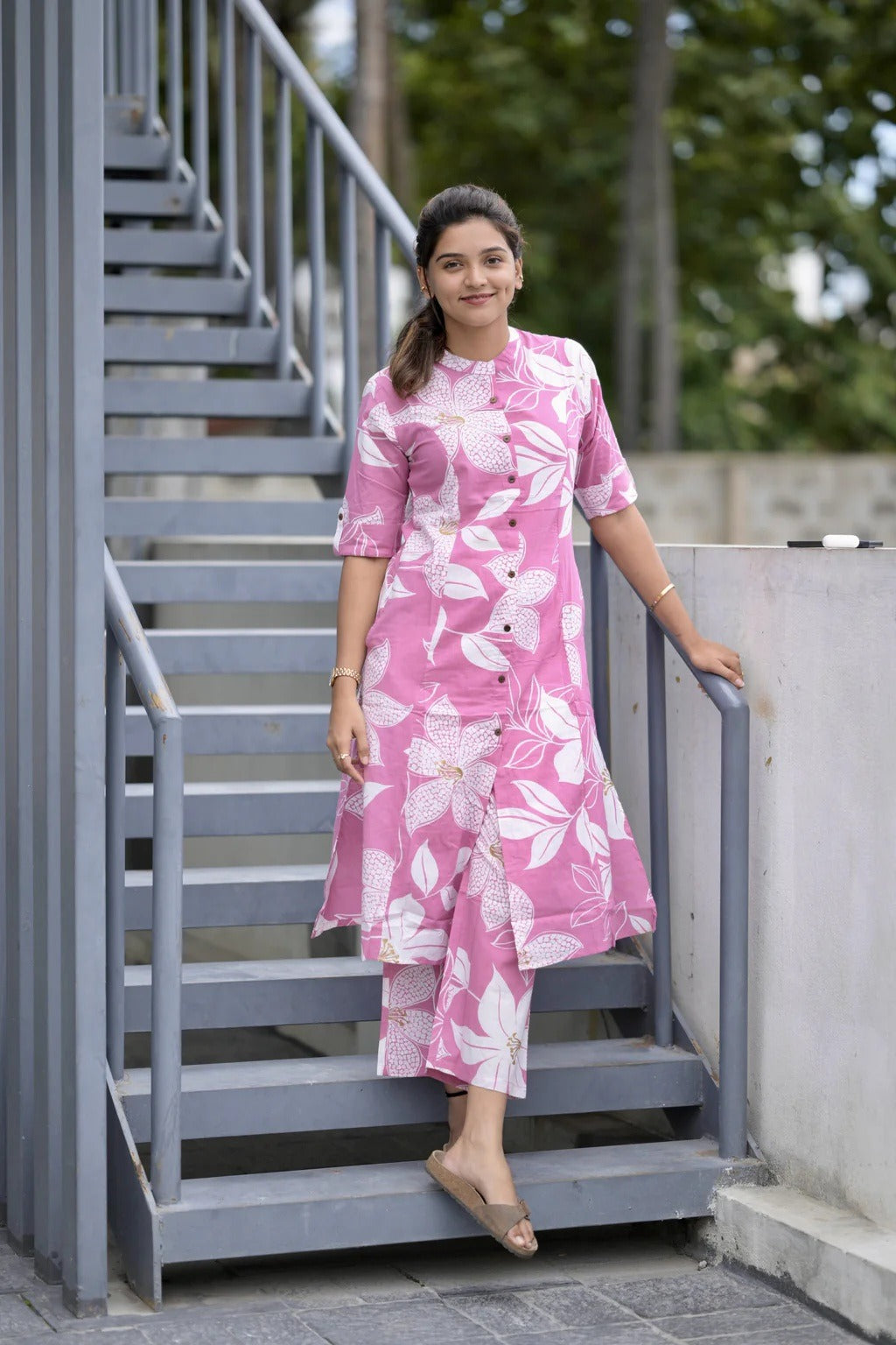 Pink Floral Printed Kurta Pant Set