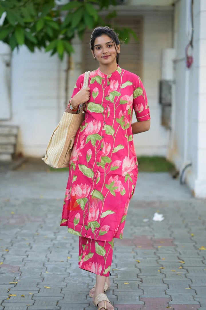 Pink Heavy Floral Printed Kurta Pant Set