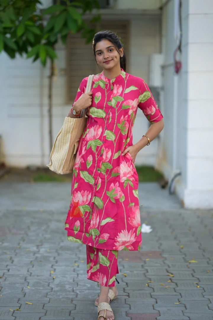Pink Heavy Floral Printed Kurta Pant Set