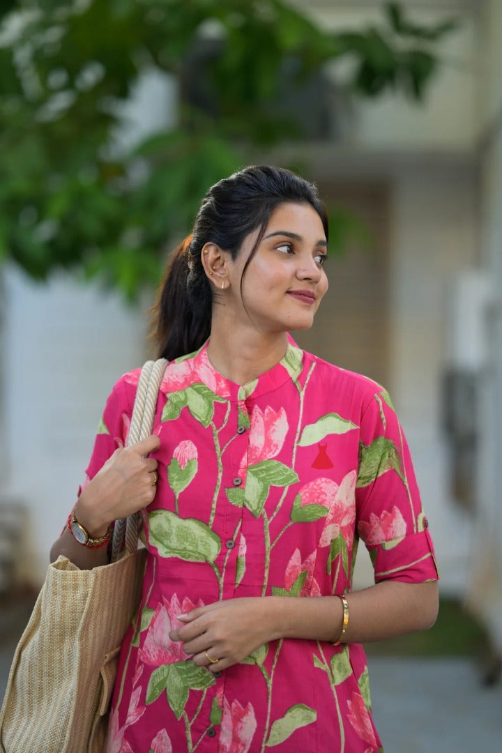 Pink Heavy Floral Printed Kurta Pant Set